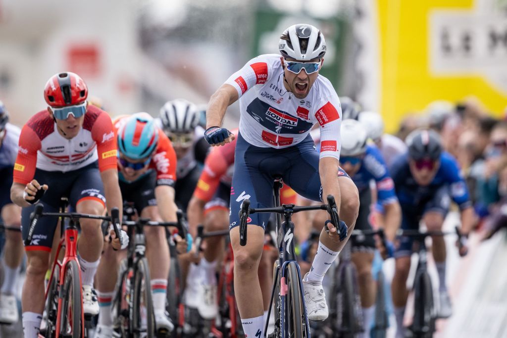 Britains Ethan Vernon celebrates after winning the first stage of the Tour of Romandie UCI cycling World tour 1709 km from Crissier to the Vallee de Joux in the Sentier on April 26 2023 Photo by Fabrice COFFRINI AFP Photo by FABRICE COFFRINIAFP via Getty Images