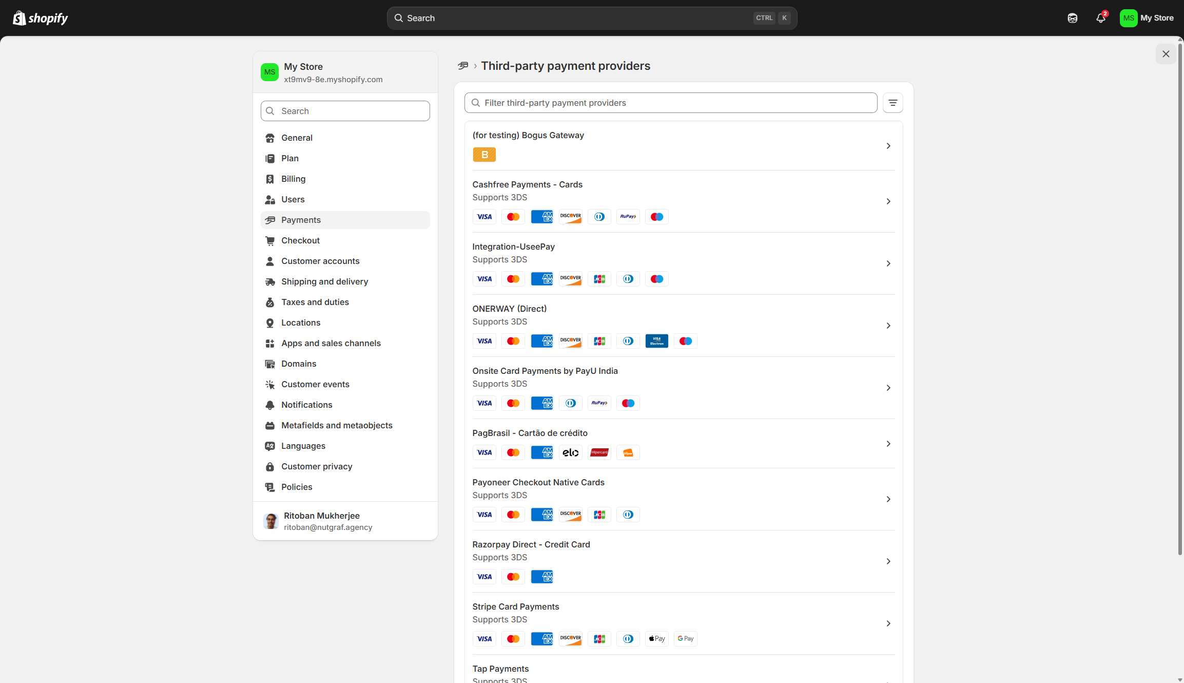 Screenshot of Shopify payment provider options.
