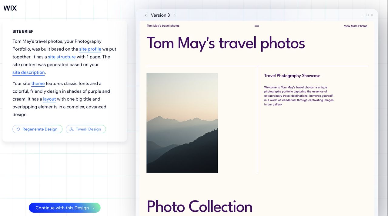 Screengrab showing Wix using AI to build a website