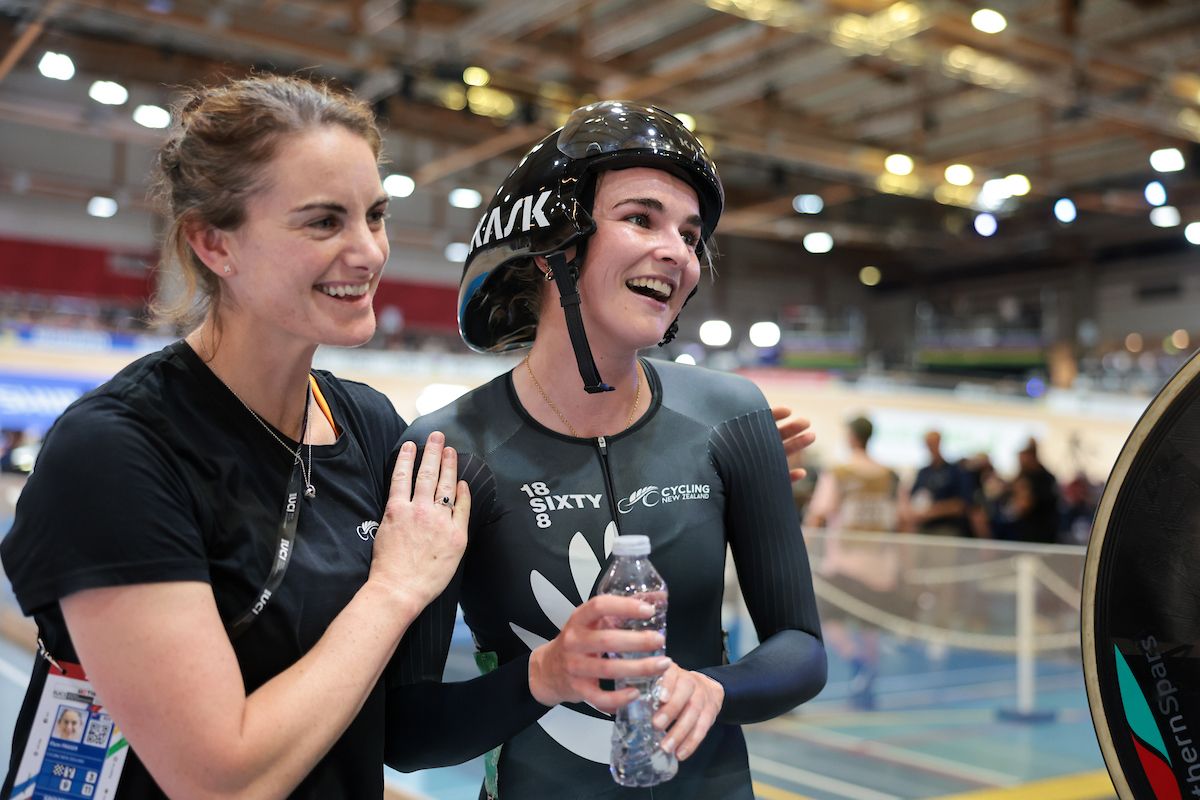 Picture by Alex Whitehead/SWpix.com - 17/10/2024 - Cycling - Tissot UCI 2024 Track World Championships Ballerup - Copenhagen, Denmark - Ballerup Super Arena - Women's Elimination Race - Ally Wollaston (New Zealand) celebrates winning the 2024 Women's Elimination Race World Championship