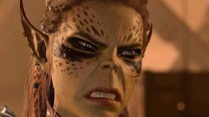 Baldur's Gate 3 companion Lae'zel grimacing