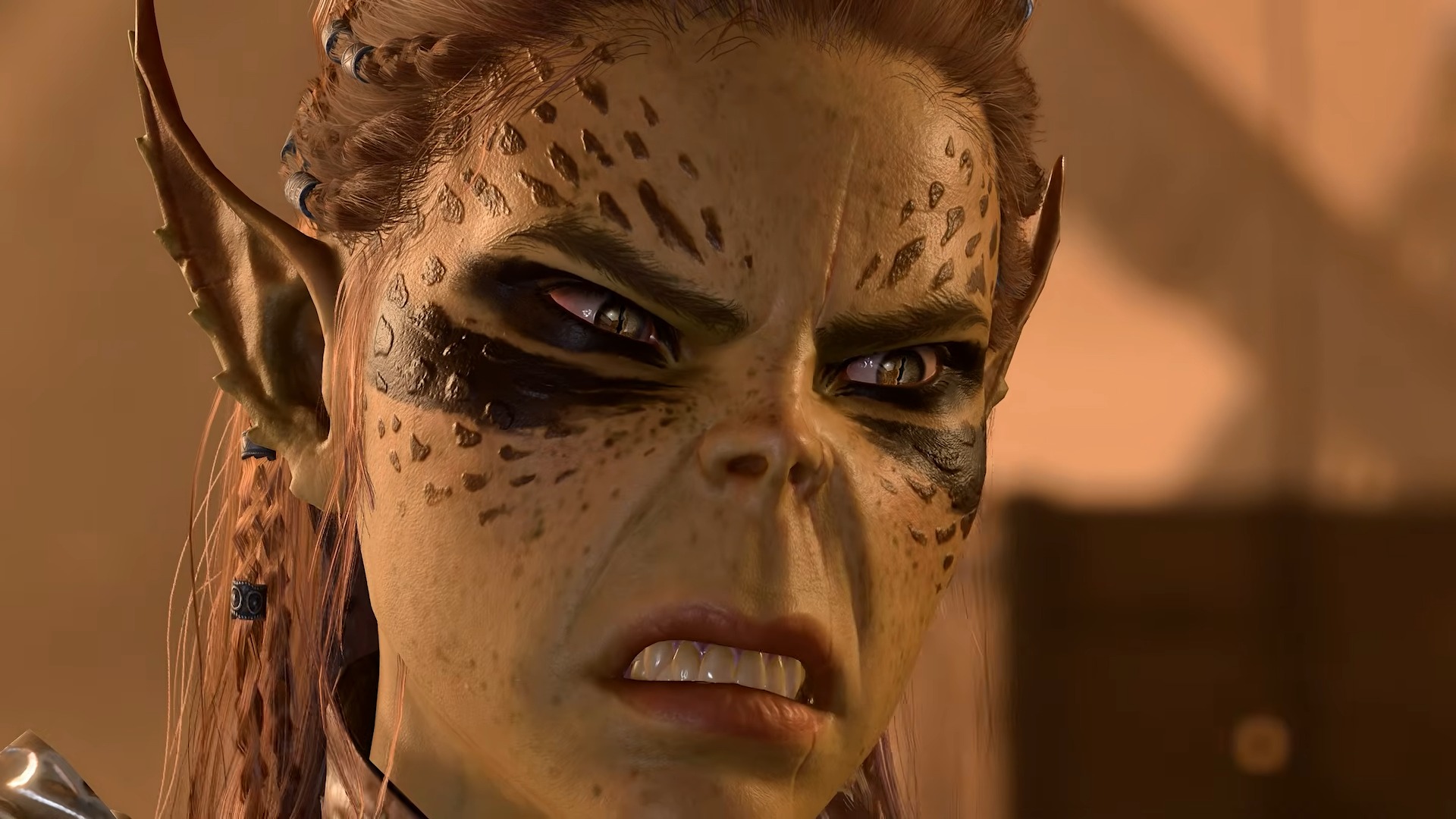 Baldur's Gate 3 companion Lae'zel grimacing