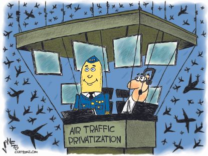 Political cartoon U.S. Trump air traffic control privatization
