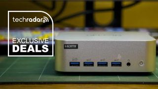The Geekom A9 Max 2026 Edition on a work surface next to a TechRadar badge that reads 'Exclusive Deals'