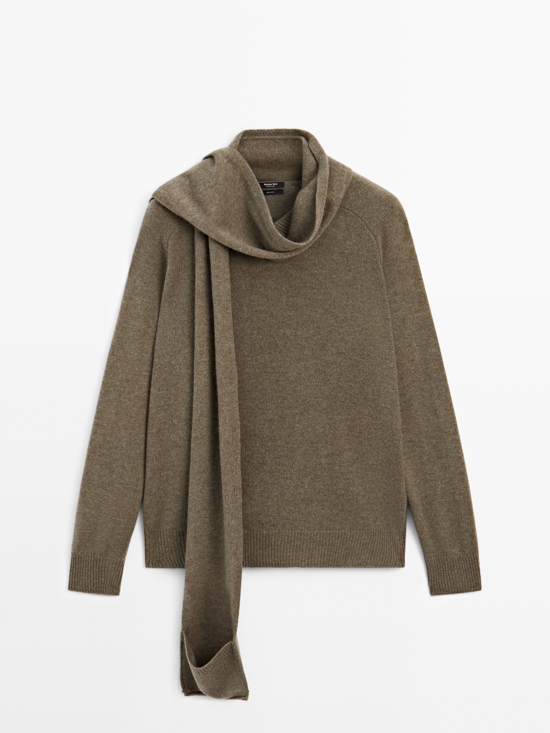 100% Wool Knit Sweater With Scarf and Pocket
