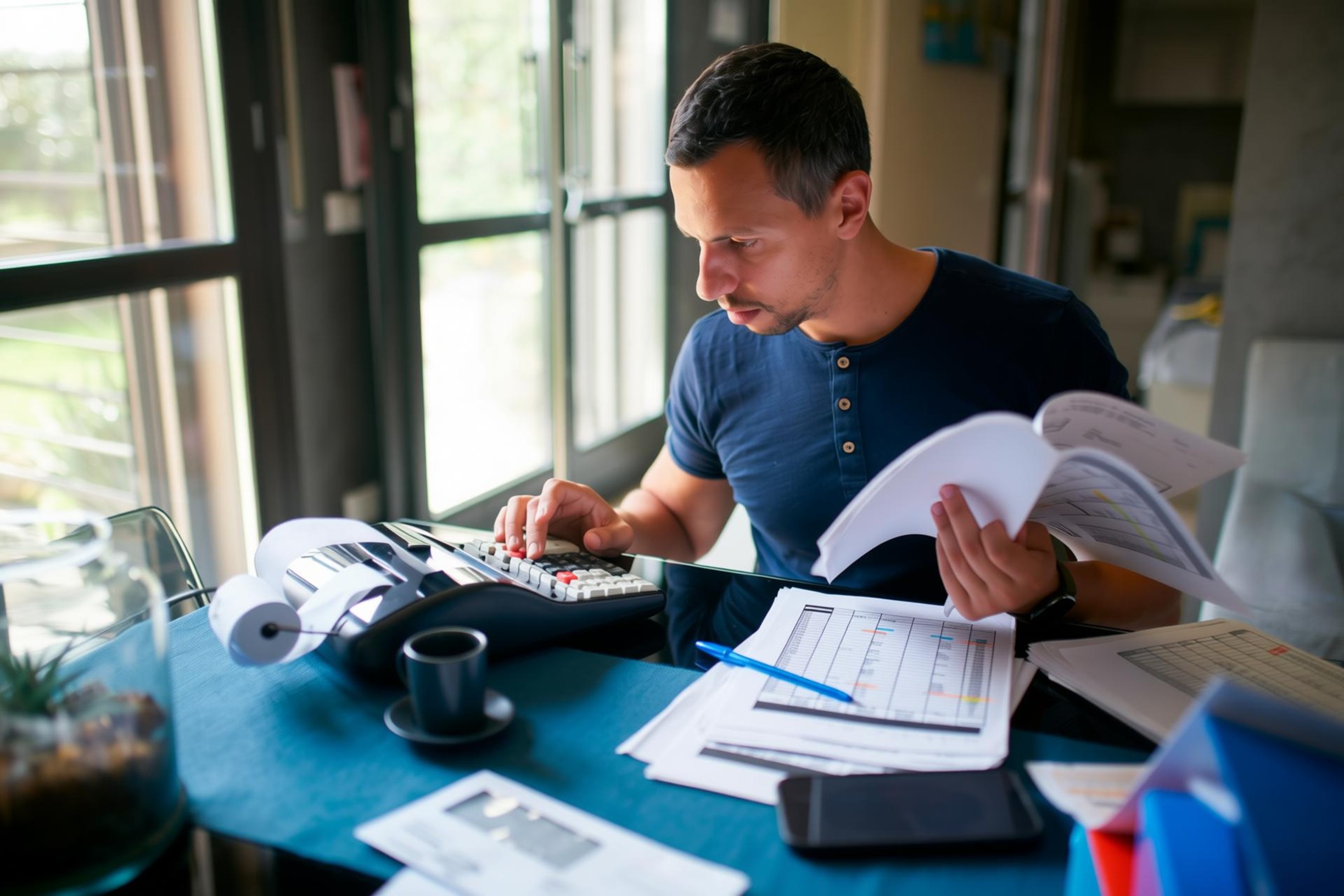 a man at his home office budgeting to make financial decisions