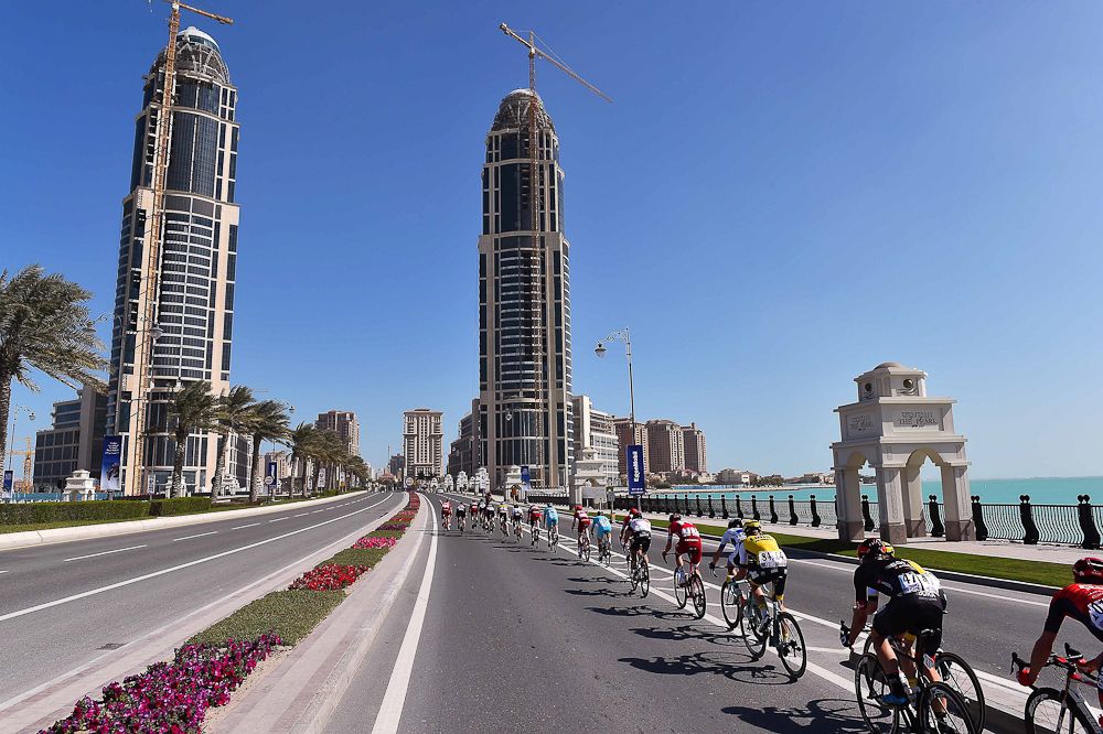 The peloton heads toward Doha City during stage 2 in Qatar