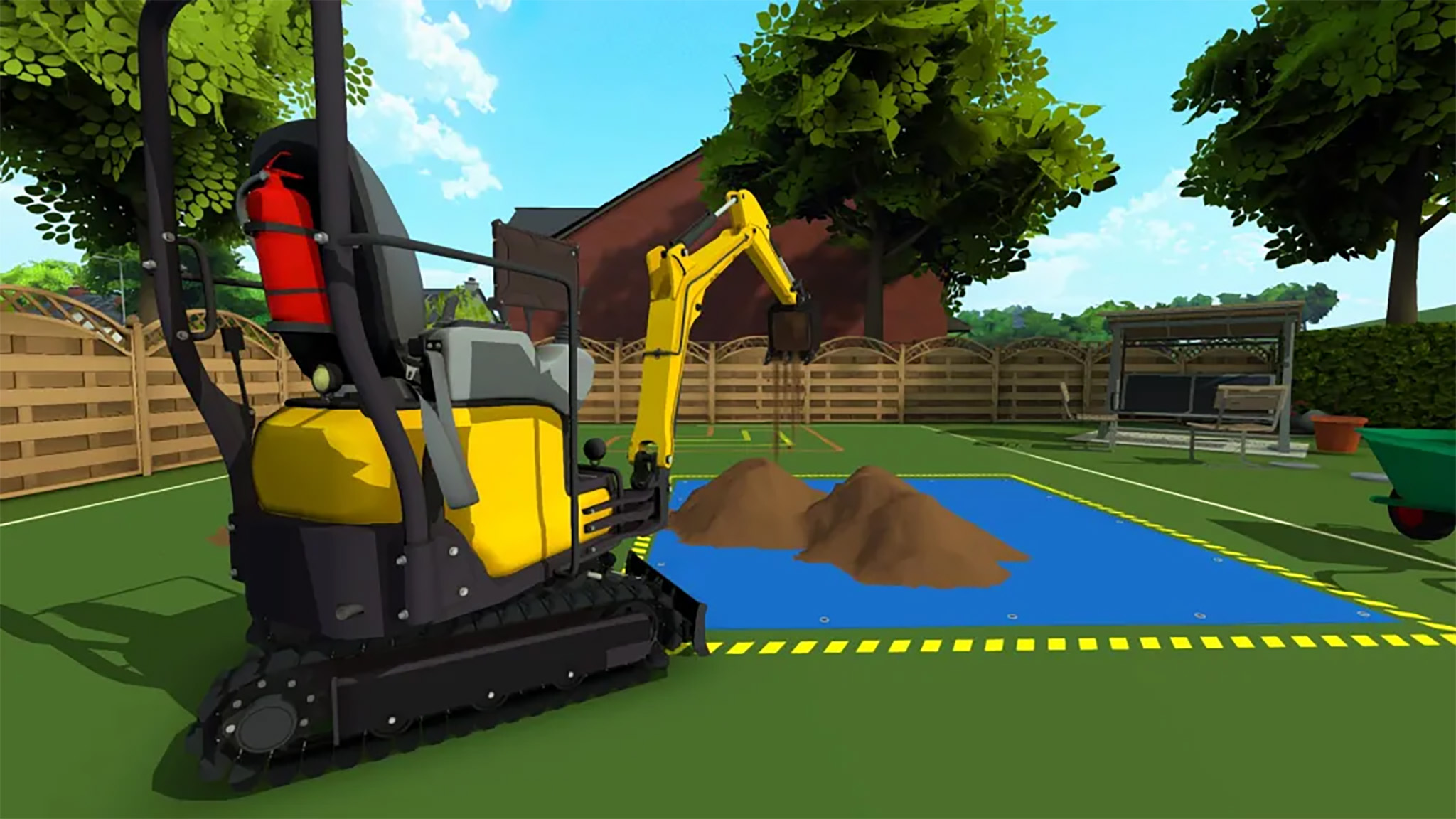 An official screenshot of Dig VR for Meta Quest 3 showing a yellow digger piling dirt on a tarp