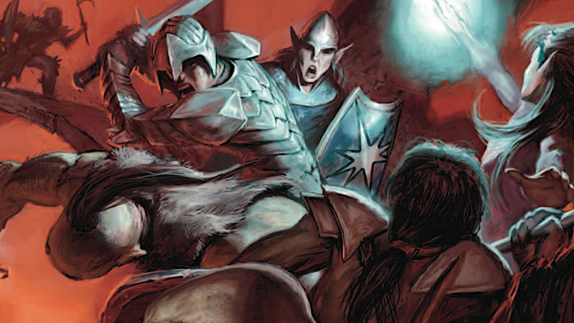 Những nhà thám hiểm trong D&D Phiên bản thứ 4 chiến đấu với lũ Orc trong những cuộc hỗn chiến điên cuồng, ném bùa chú và cầm kiếm.