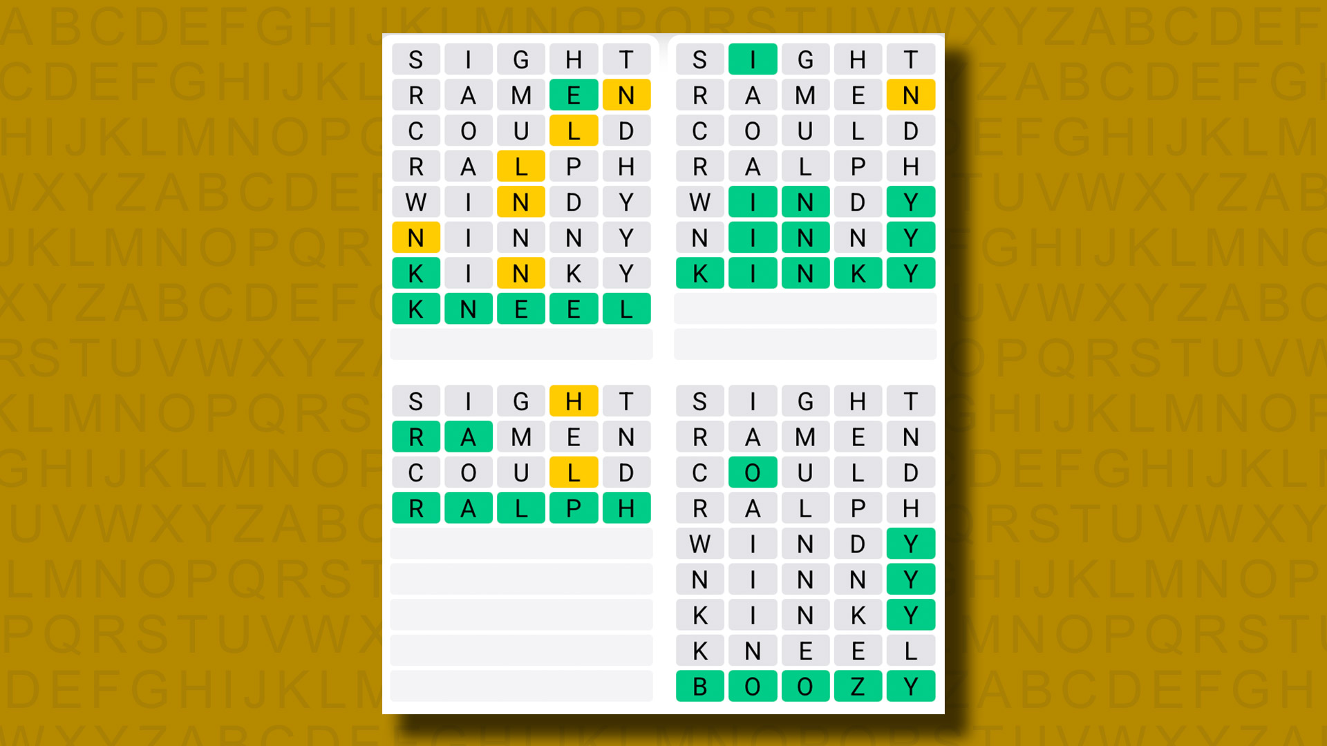 Quordle answers for game 1292 on a yellow background