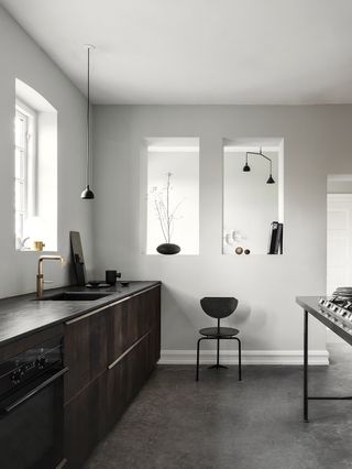 minimalist grey kitchen white white walls