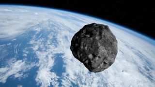 An artist's depiction of an asteroid in front of Earth