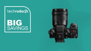 A Panasonic Lumix S5 II single-lens kit on a green background with a TechRadar deals overlay for big savings