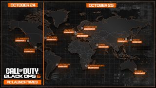 An infographic showing the launch times for Black Ops 6 shown on the world map and broken up into timezones