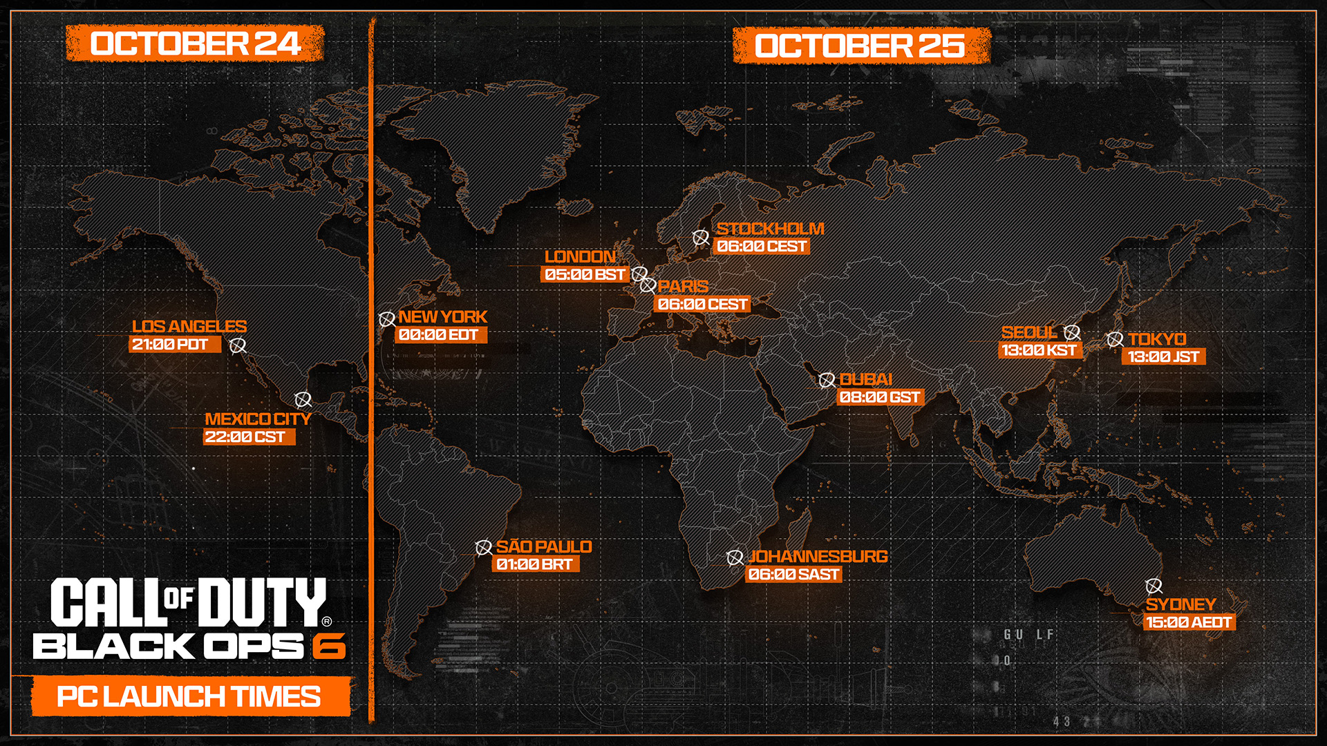 Un gráfico que muestra los tiempos de lanzamiento de Black Ops 6 mostrados en un mapa mundial y divididos en zonas horarias.