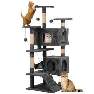 A 5 level cat climbing tower with scratching posts and little boxes with holes that are faux-fur covered and great for hiding. Three kids are exploring it