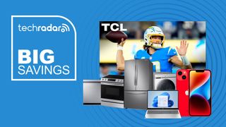 TCL TV, appliances, laptop, iPhone on a blue blackground