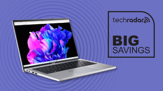 Acer Swift Go 14 laptop shown next to a TechRadar &#039;Big Savings&#039; icon