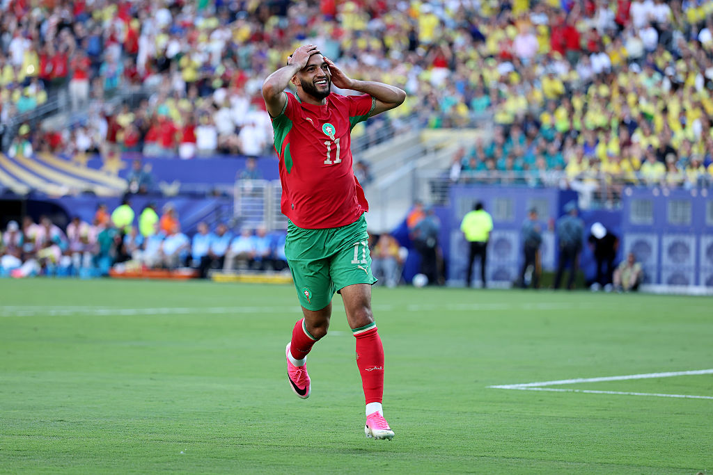 Ismael Saibari #11 of Morocco celebrates scoring his team's first goal against Brazil