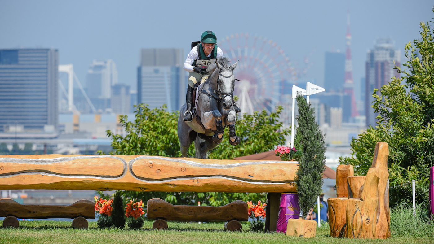 Austen O&rsquo;Connor riding Colorado Blue for Ireland jumps clear inside the time around the Olympic eventing cross-country at the Tokyo Games