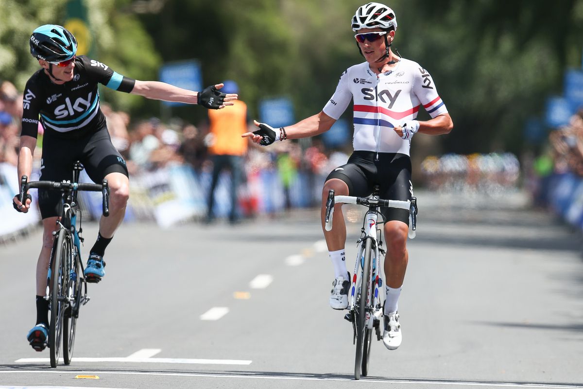 Chris Froome (Team Sky) and Peter Kennaugh (Team Sky) celebrate the win
