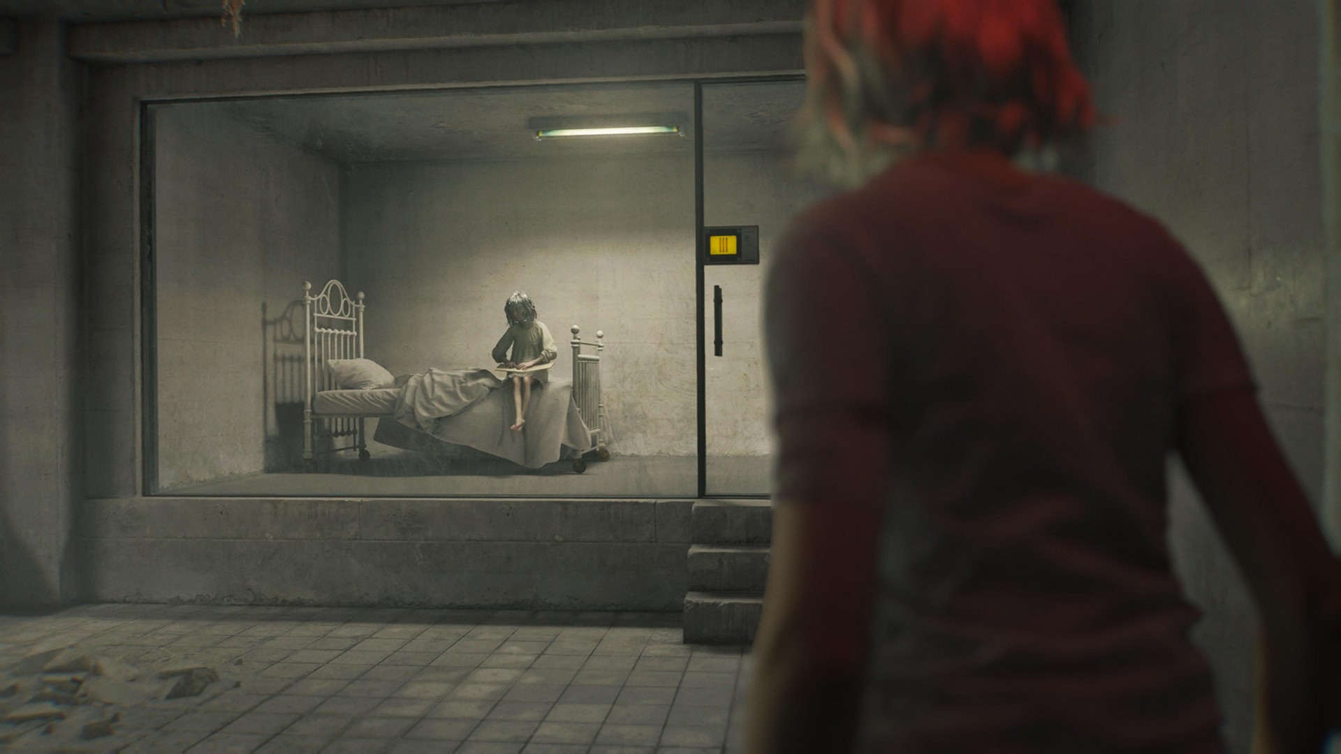 Grace enters a room to meet Emily, a young girl being kept in a glass box, in Resident Evil Requiem