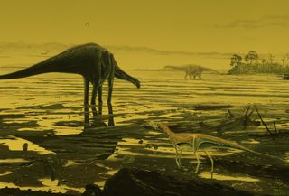 illustration of long-necked sauropod dinosaurs by lagoon