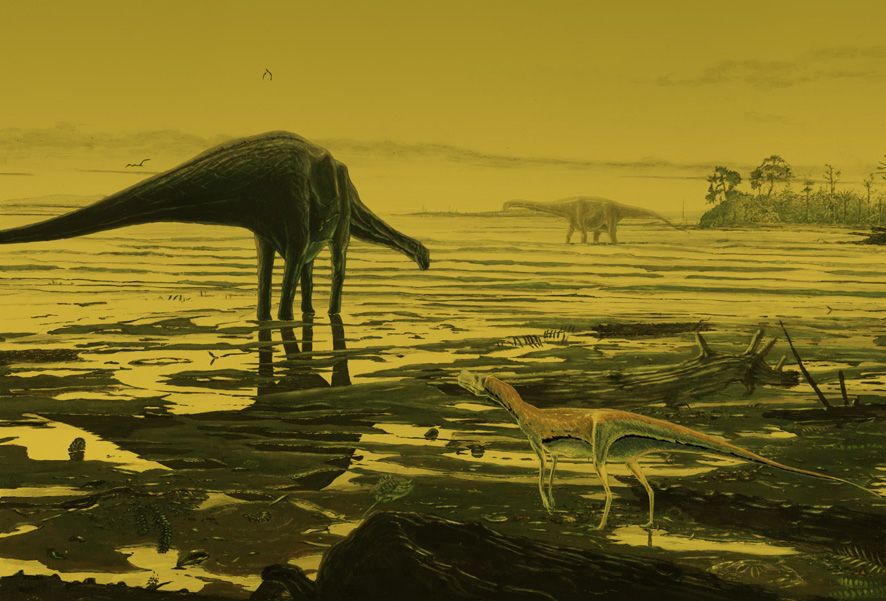 illustration of long-necked sauropod dinosaurs by lagoon