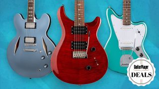 3 electric guitars against a blue background