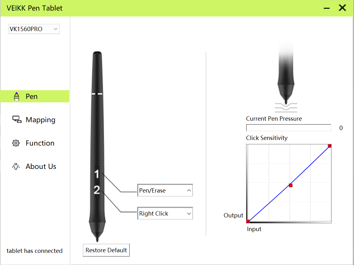 A Veikk VK1560 Pro tablet screenshot of the pen capabilities