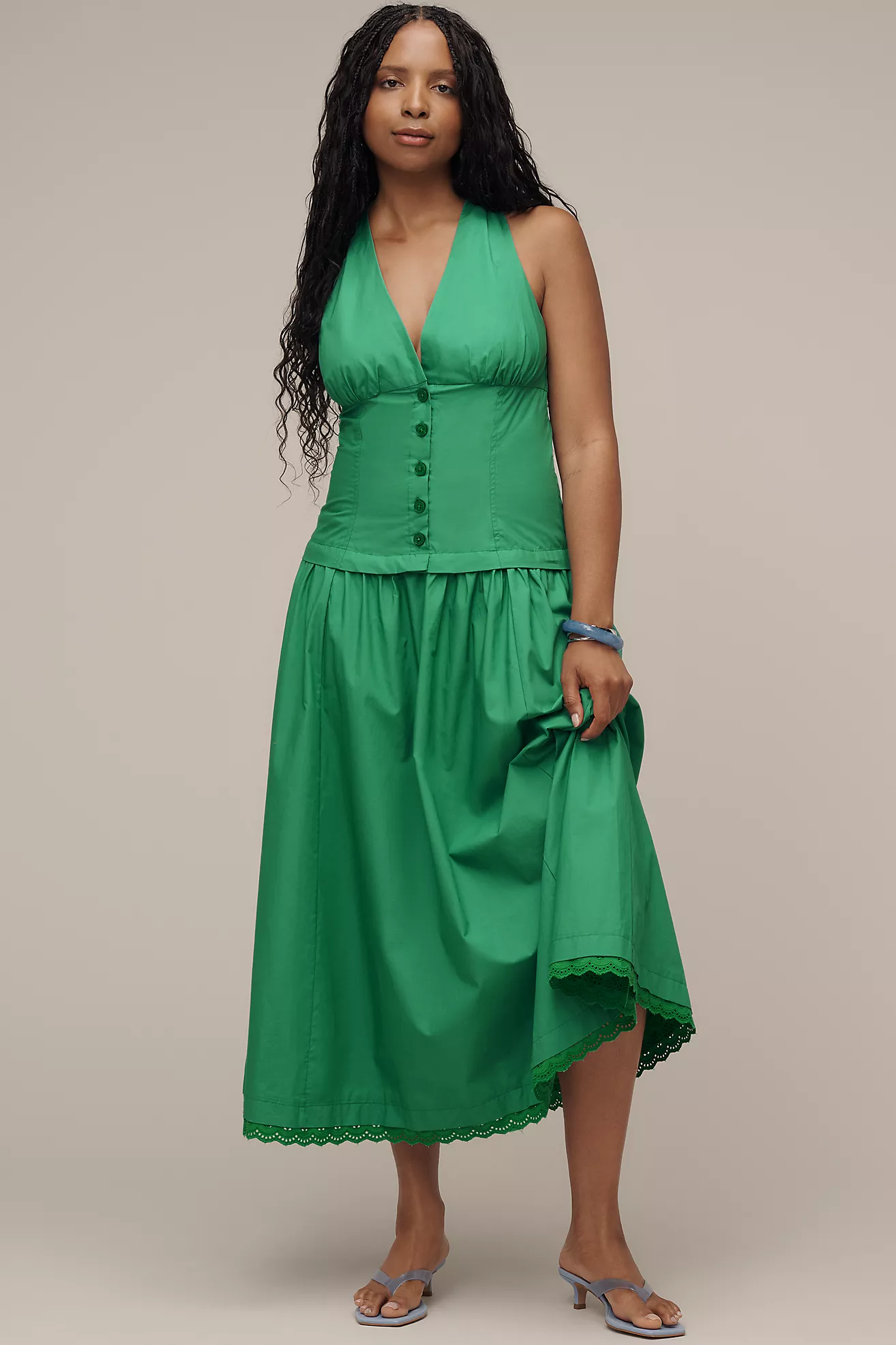 Maeve Halter V-Neck Drop-Waist Midi Dress