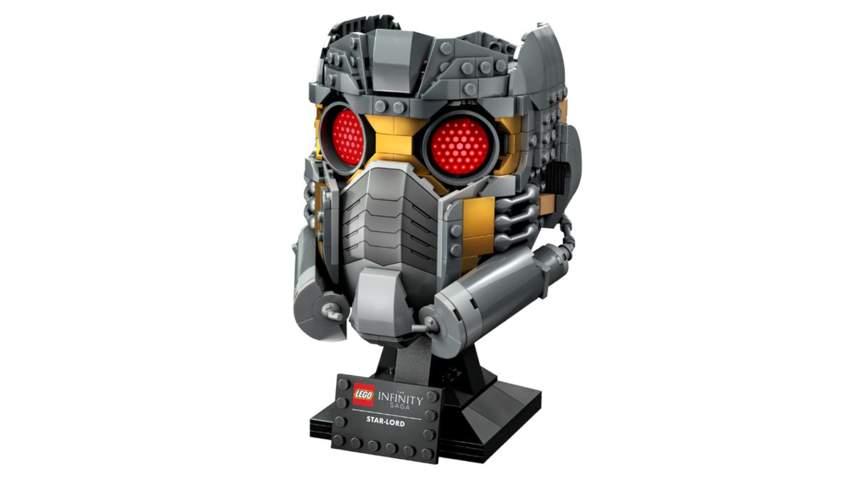 Lego Star-Lord's Helmet promo shots on a plain background