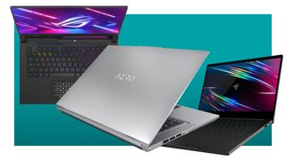 Some high-end gaming laptops on a blue background.