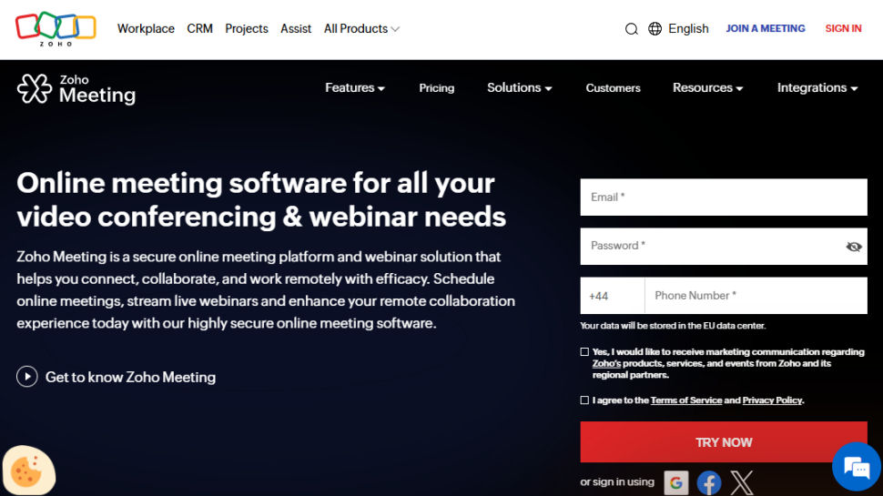 Zoho Meeting website screenshot (May 2025)
