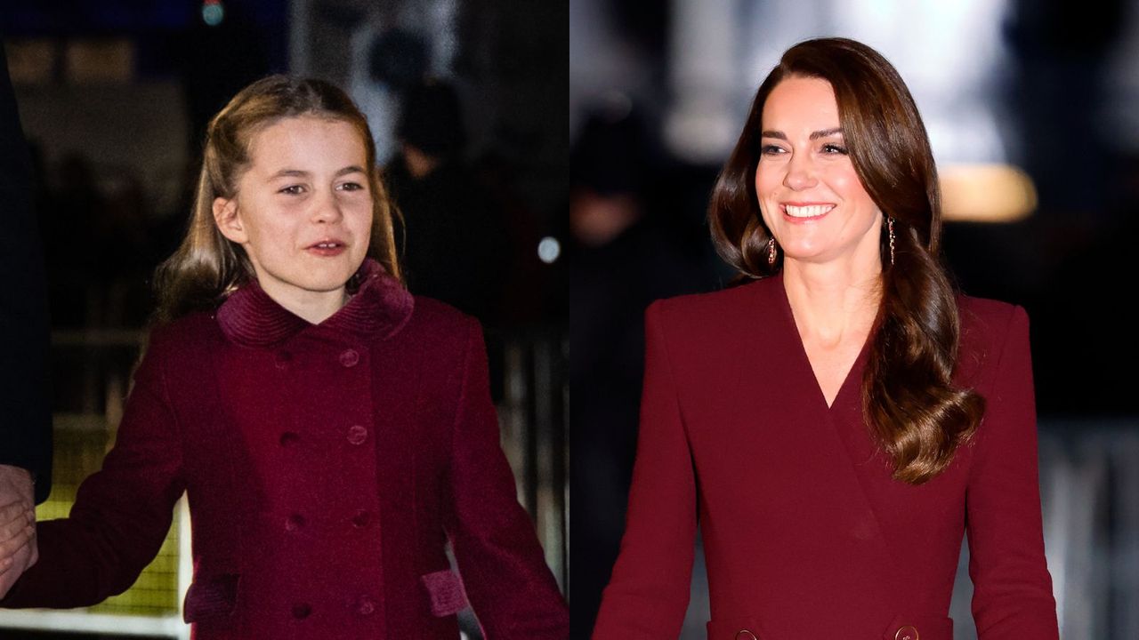 Princess Kate and Charlotte match &#039;adorable&#039; burgundy Christmas outfits at carol service as Prince William pleas for &#039;togetherness&#039;