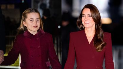 Princess Kate and Charlotte match 'adorable' burgundy Christmas outfits at carol service as Prince William pleas for 'togetherness'