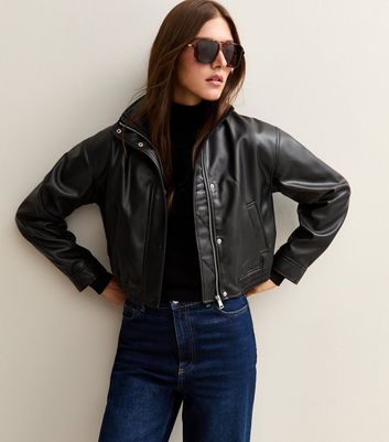 Black High Neck Faux Leather Bomber Jacket