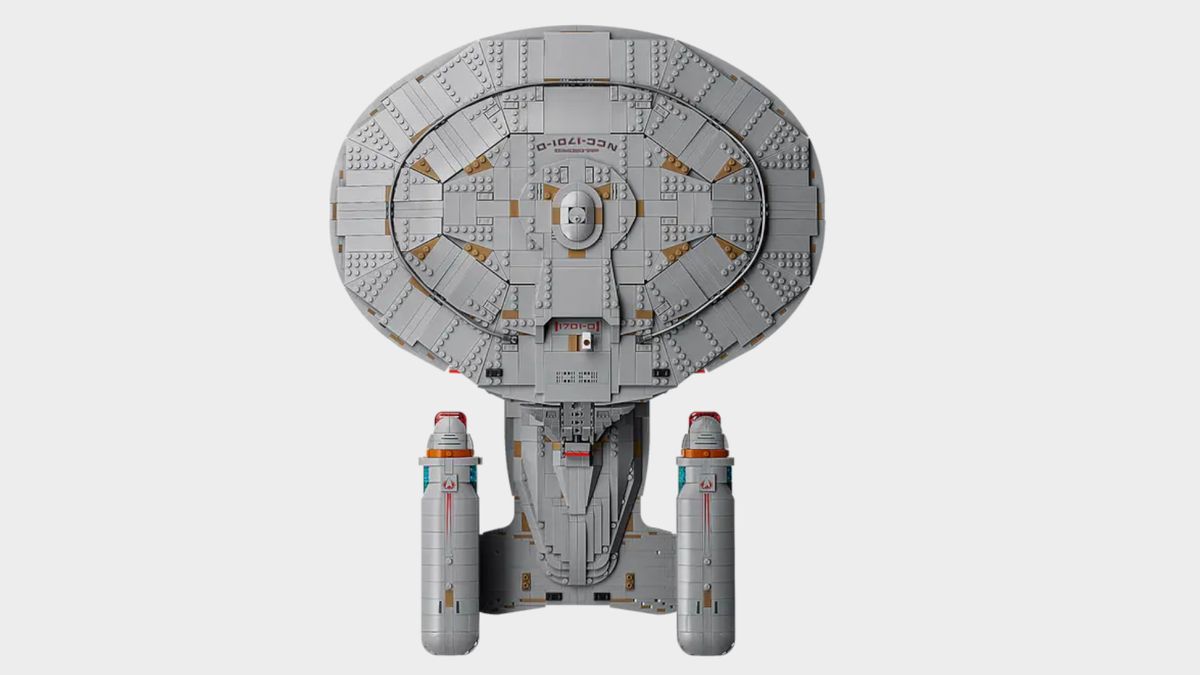 Lego Enterprise set on a plain background, seen from above