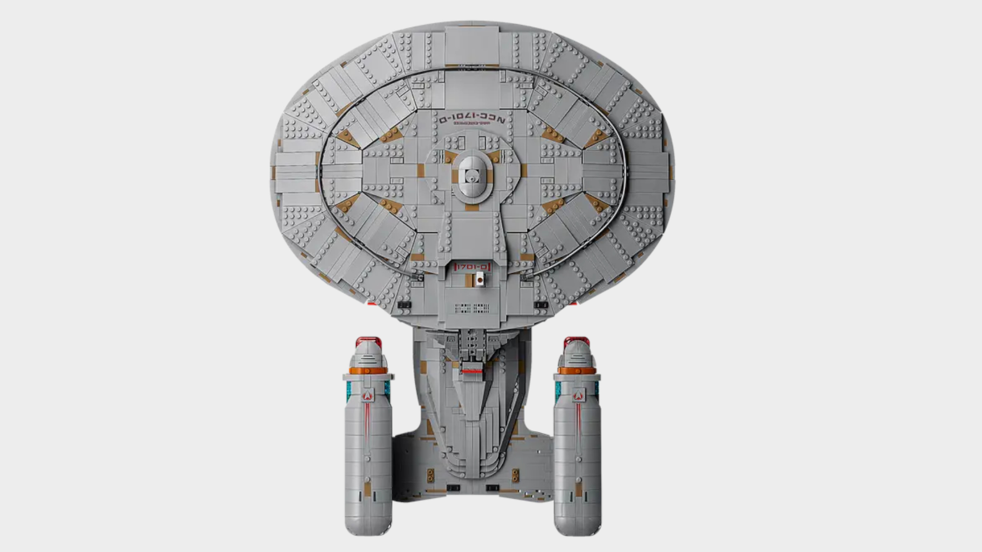 Lego Enterprise set on a plain background, seen from above