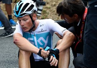 Dylan van Baarle recovers from a crash following stage 12 at the Vuelta