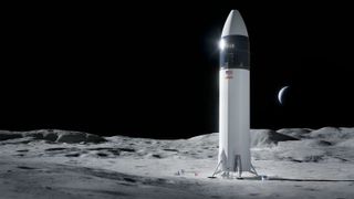 a large white rocket sits on the dusty grey surface of the moon