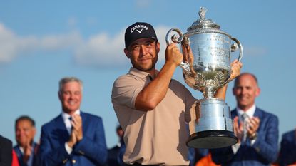 Xander Schauffele holds the Wanamaker Trophy after winning the 2024 PGA Championship