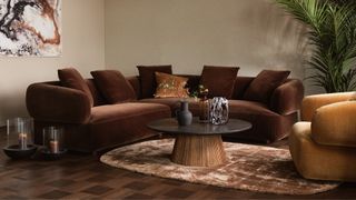 picture of brown sofa in earth toned neutral room