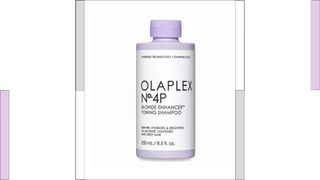 A white and purple bottle of Olaplex No.4P Blonde Enhancer Toning Shampoo with a white label, with colored columns either side