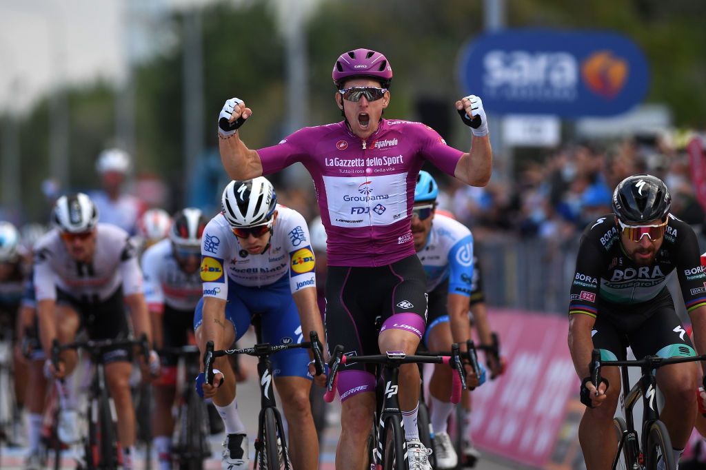 RIMINI ITALY OCTOBER 14 Arrival Arnaud Demare of France and Team Groupama FDJ Purple Points Jersey Celebration Peter Sagan of Slovakia and Team Bora Hansgrohe Alvaro Jose Hodeg Chagui of Colombia and Team Deceuninck QuickStep Simone Consonni of Italy and Team Cofidis Solutions Credits during the 103rd Giro dItalia 2020 Stage Eleven a 182 km stage from Porto SantElpidio to Rimini girodiitalia Giro on October 14 2020 in Rimini Italy Photo by Tim de WaeleGetty Images