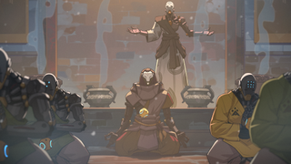 Ramattra meditating among other robot monks