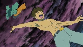 Broke takes off his shirt during battle in Pokémon: The Arceus Chronicles