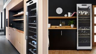two kitchen images side by side to show modern wine cellar storage as a key kitchen trend 2023