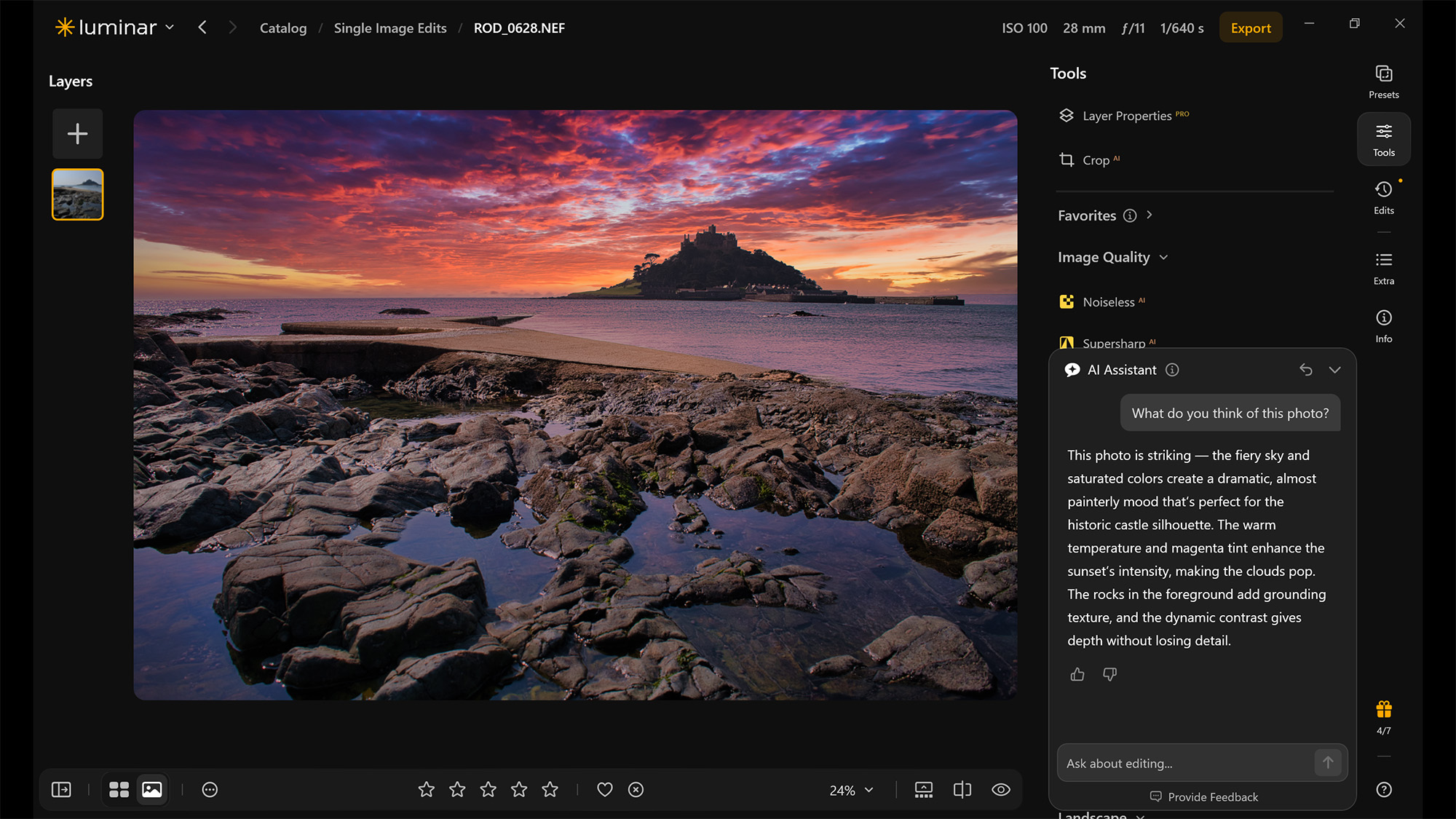 Screenshot from Luminar showing AI Assistant used with image of seascape with sunset