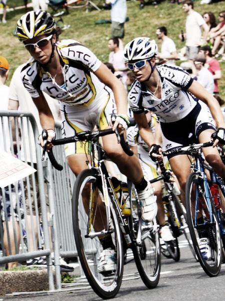 Evelyn Stevens (HTC-Columbia) powers up the climb.